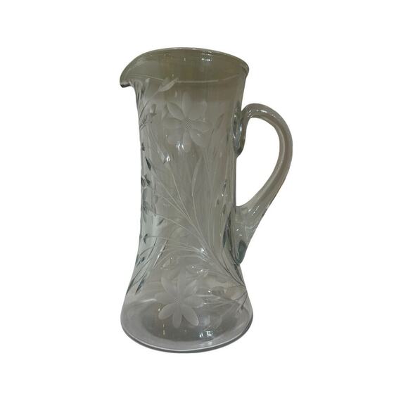 Vintage Brilliant Heavy Cut Glass Crystal Clear Water Juice Pitcher With Handle - Picture 1 of 7